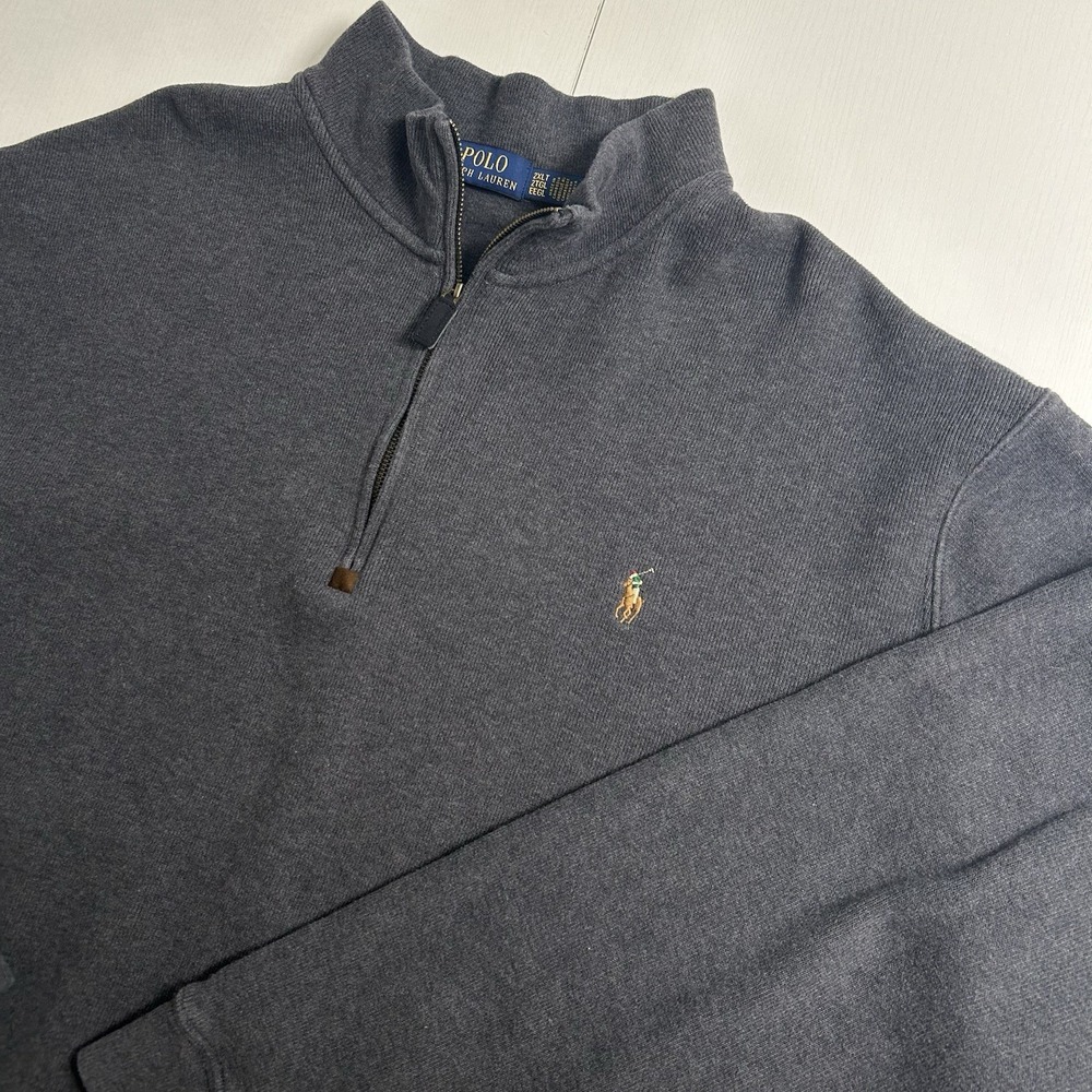 Polo Ralph Lauren Pullover Men's 2XLT Gray Quarter Zip Cotton Ribbed Mock Neck